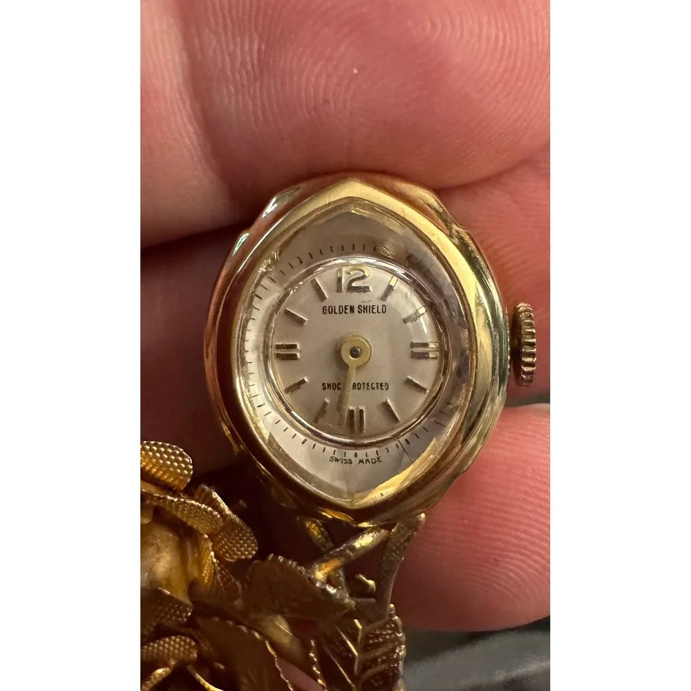 Vintage 60s Golden Shield Swiss Made Mechanical Rose Lapel Watch Brooch Pin